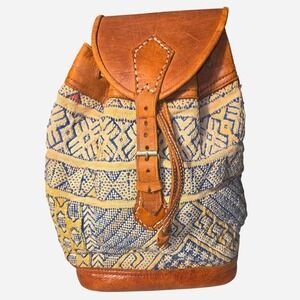 Vintage Boho Geometric Woven Backpack Brown Leather Trim 70s Retro Rucksack